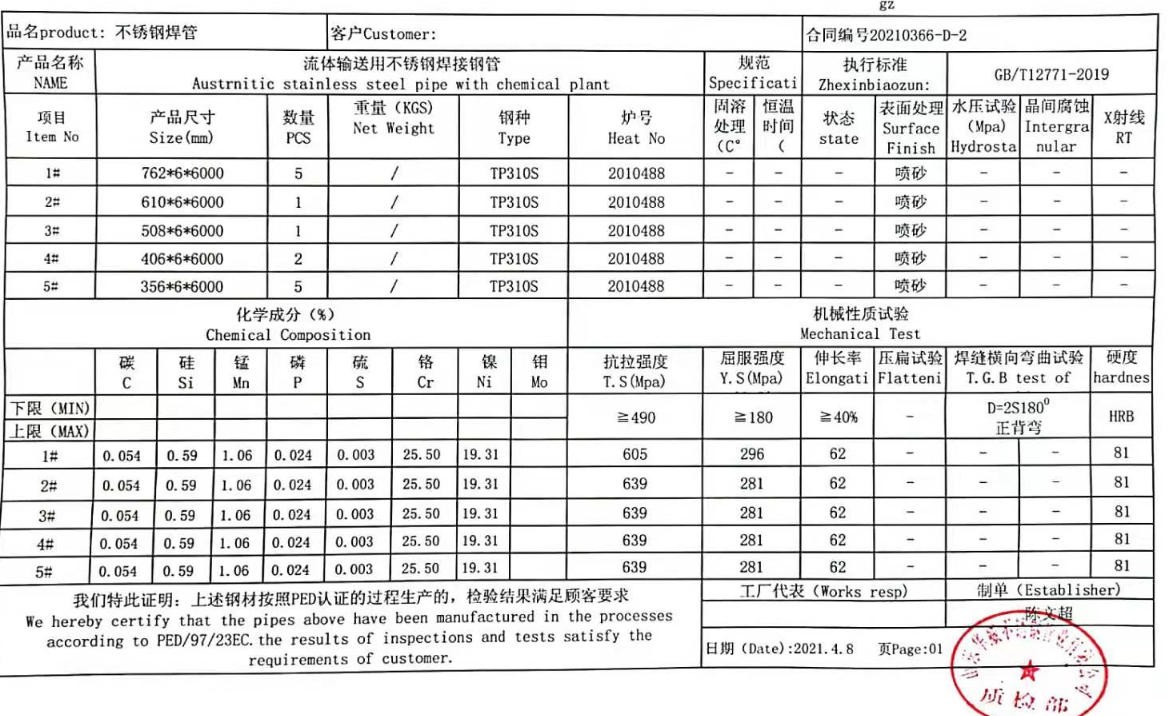 EN 10204 3.1 material certificates EN 10204 3.1 material certificates